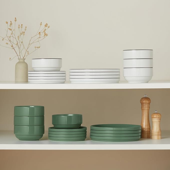 Vase and Vessel Ceramic Dinnerware Set, 12-Piece Service for 4, Round, Microwave and Dishwasher Safe, Cambridge Classics (Dusty Jade)