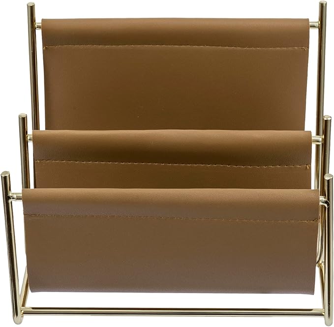 MyGift 2 Slot Modern Mail Holder, Deluxe Brass Tone Metal and Toffee Brown Leatherette Sling Entryway or Desktop Tabletop Letter Sorter