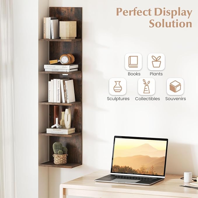 LOKO 5-Tier Wall Shelf, Vertical Column Storage Organizer with Expansion Screws, Decorative Wall Mounted Shelving, Floating Wooden Display Shelf for Living Room, Kitchen, Bathroom (1,Rustic Brown)
