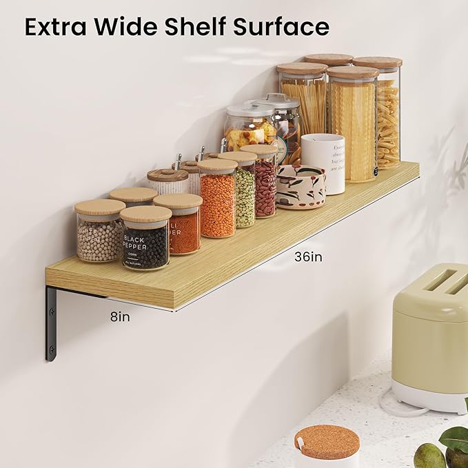 Marsmiles Extra Wide Floating Shelves for Wall, 36x8 Inch Natural Wood Grain Bookshelves, Heavy Duty Mounted Shelving for Bathroom, Kitchen, Living Room, Bedroom,Set of 2，Oak