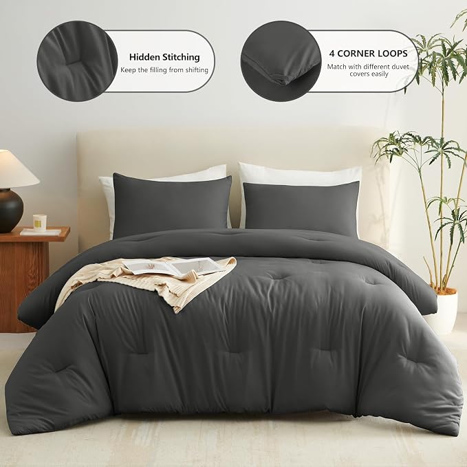 CozyLux California King Comforter Set Dark Grey, 3 Pieces Cal King Lightweight Down Alternative Quilted Bedding Sets, Dark Gray All Season Solid Comforter with 2 Pillowcases, Bed Set Gift for Home