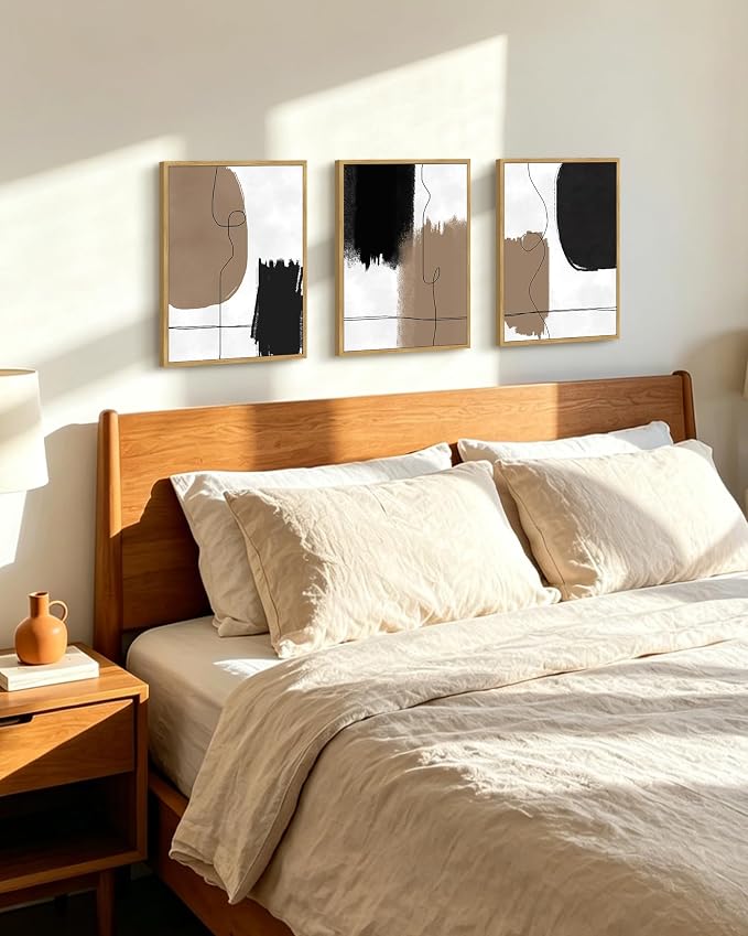 KUVIOKE Neutral Abstract Framed Wall Art Beige Mid Century Textured Wall Decor Minimalist Line Modern Illustrations Art Print Home Decor 12x16in (Natural Framed)