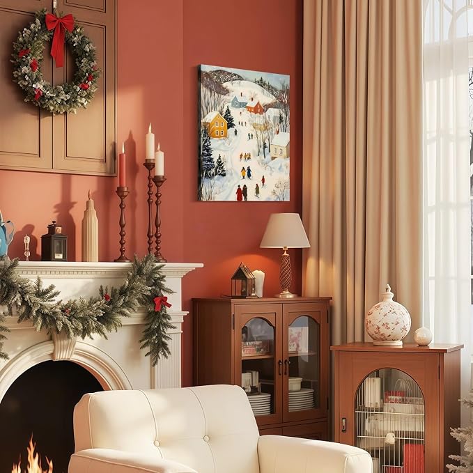 Framed Winter skiing Scene Canvas Wall Art Nordic Landscape Painting Print Poster Picture Gallery Wall Decoration Living Room Bedroom Dining room 16X24 Inch Ready to Hang