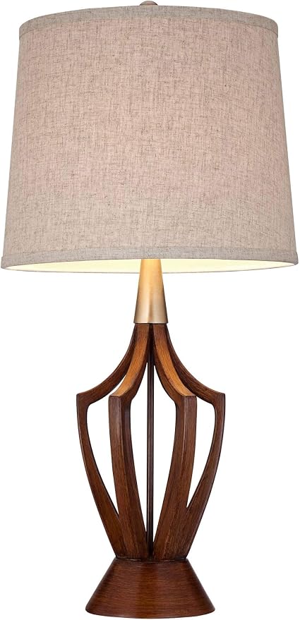 360 Lighting St. Claire Mid Century Modern Table Lamp 30 3/4" Tall Wood Brown Open Vase Taupe Fabric Drum Shade for Bedroom Living Room House Bedside Nightstand Home Office Entryway Family