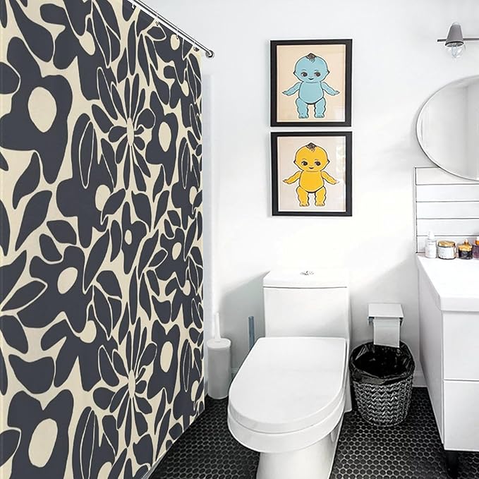 Mid Century Abstract Flower Shower Curtain Vintage Boho Black Floral Art 70s Pattern Washable Waterproof Fabric for Bathroom Decor Bathtub with 12 Hooks 66x72in（168x183cm）
