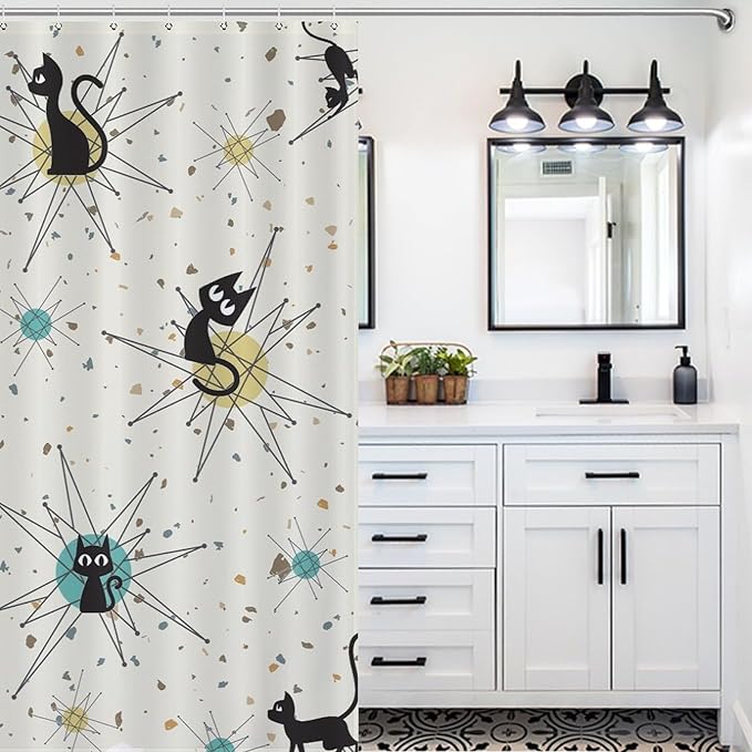 Vintage Mid Century Cats Shower Curtain Black Cat Retro Diamond Atomic 1950s 1960s Abstract Geometric Simple Waterproof Shower Curtains for Bathroom Decor 12 Pack Hooks 72x72in (183x183cm)