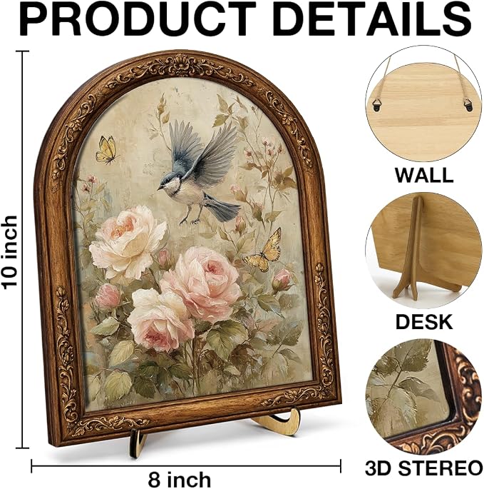 Vintage Floral Bird Oval Table Decor Sign Framed, Cottagecore Rose Floral Wall Art Sign, Retro Flower Bird Home Decor for Wall Bedroom Living Room Tabletop 8x10 Inch