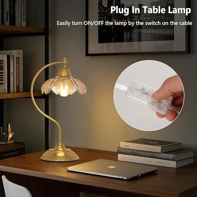 Table Lamps for Living Room, Flower Desk Lamp, Glass Beside Lamp for Nightstand, Gooseneck Small Table Lamp, Mid Century Modern Desk Light, Table Light for Bedroom Home Office Reading (Amber)