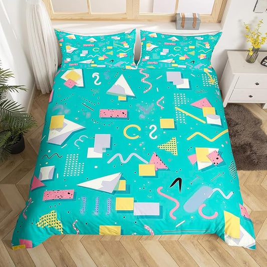 80s 90S Fashion Style Bedding Set Queen Size,Retro Memphis Style Pattern with Geometrical Shapes Duvet Cover for Kids Child,Funky Hipster Old Fashioned Comforter Cover Geometric Bedroom Decor