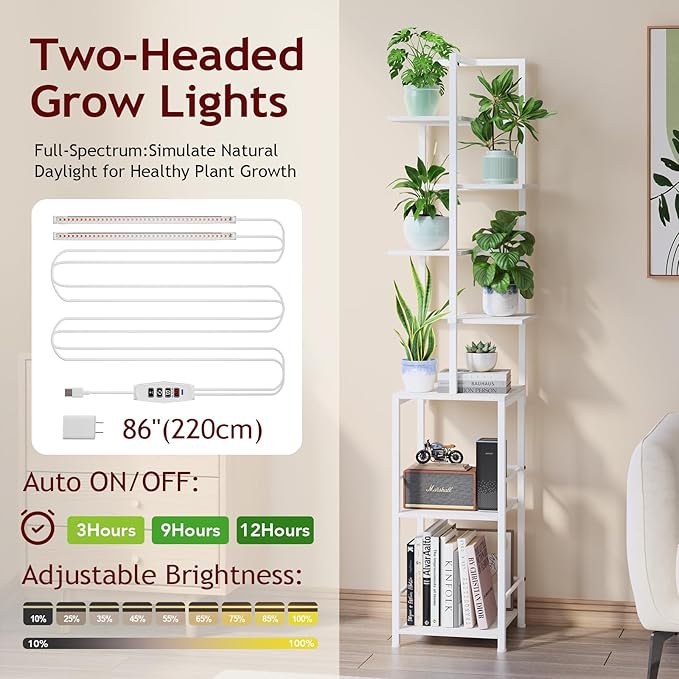 Plant Stand Indoor with Grow Light, 7-Tiered Tall Plant Stand Indoor, Metal Plant Shelf with Bookshelf Bookcase and Adjustable Light, Ideal for Living Room, Reading room, Garden, Patio (white)