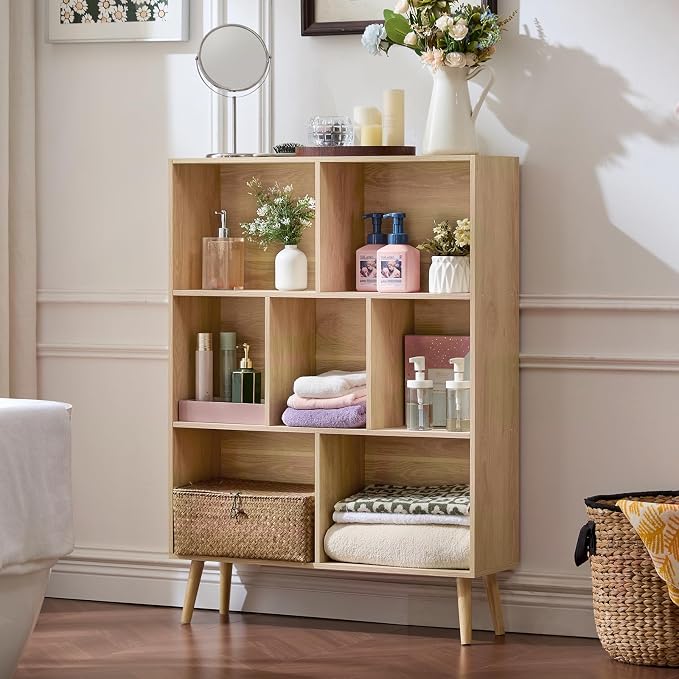 LEYAOYAO Cube Bookshelf 3 Tier Mid-Century Light Wood Modern Bookcase with Legs,Retro Wood Bookshelves Storage Organizer Shelf,Freestanding Open Book Shelves for Bedroom,Living Room,Office