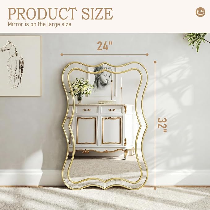 Gold Scalloped Wall Mirror, 24”x32“ Rectangle Wavy Mirrors, Wall Decor Mirror for Living Room,Bedroom,Bathroom,Entryway