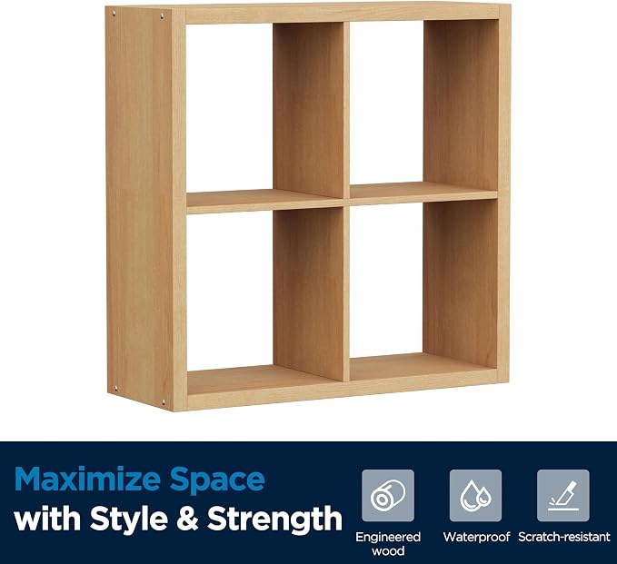 4 Cube Storage Organizer, Cubby Storage Shelf, 2x2 Cube Bookshelf, Wooden Organizer Shelf with Thickened Boards, for Closet Bedroom Home Living Room, 25.12" L x 9.37" W x 25.12" H, Natural-Oak