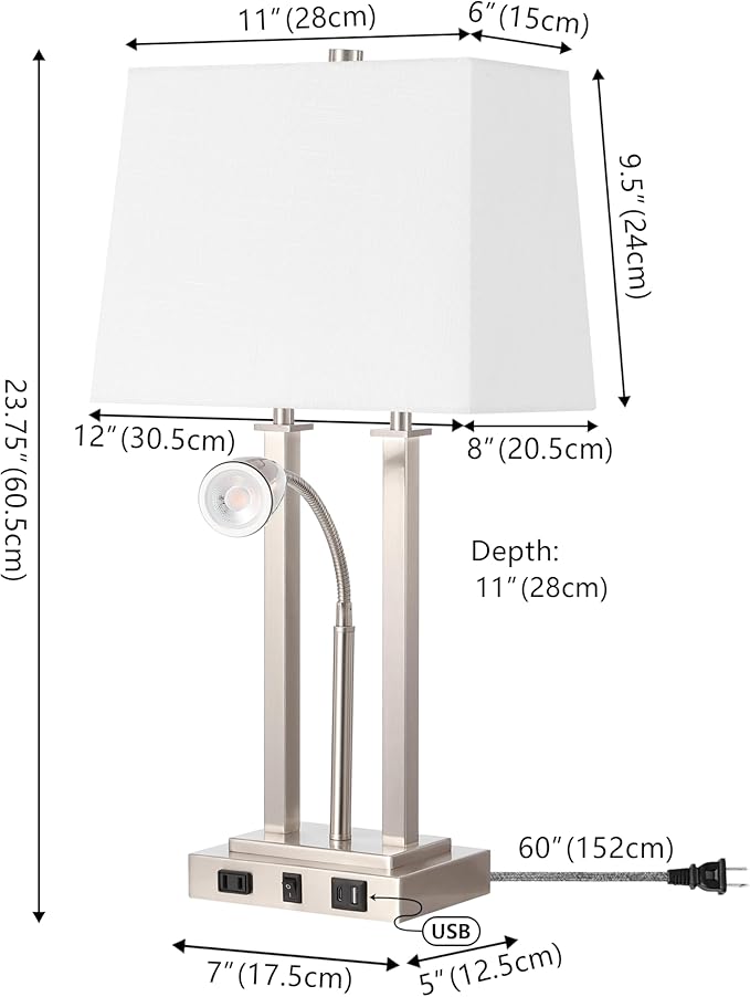 JONATHAN Y 23.75" Nickel 2-Light Modern Farmhouse LED Table Lamp with USB, White Linen Shade, AC Outlet, Adjustable Reading Light for Bedside Nightstand and Living Room (JYL1144C)