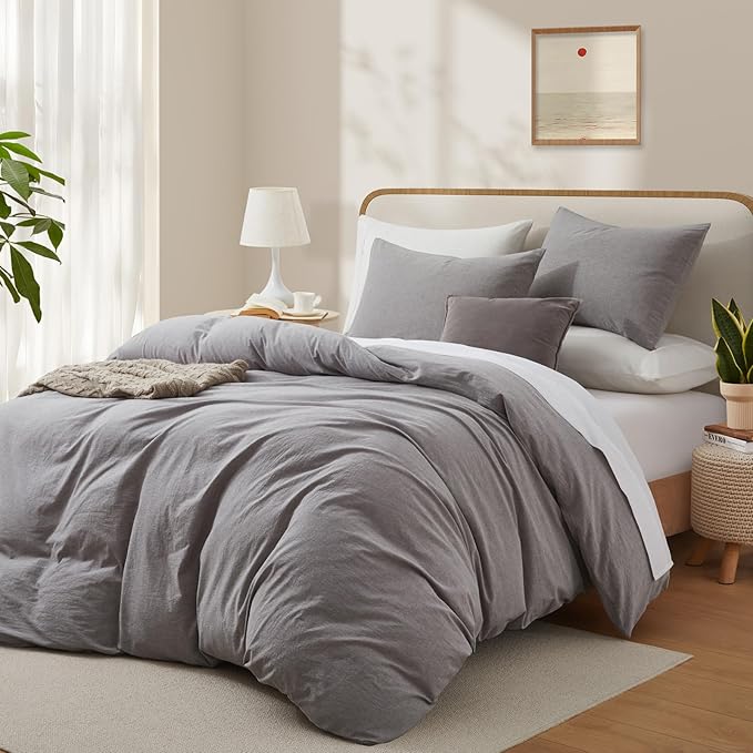 LOVQUE Light Grey Cotton Duvet Cover Queen Size, Linen Like Natural Bedding Set with Zipper Closure (No Comforter), 90x90 Inches