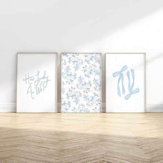 Baccone Blue Bow Wall Art Floral Canvas Wall Decor Coquette Flower Wall Art Trendy Aesthetic Poster Girly Preppy Pictures Blue Floral Prints for Living Room Bathroom 16x24 Inch Unframed Set of 3