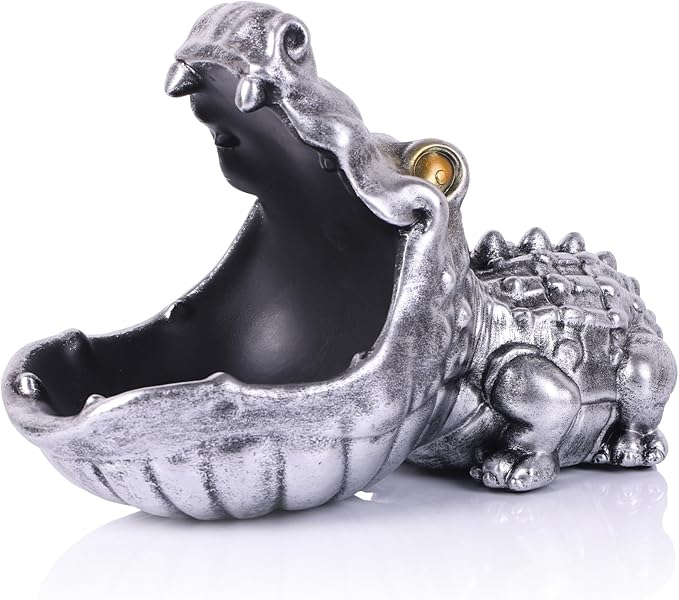 Alligator Statue Key Bowl, Fun Animal Statue Candy Dish for Entryway Decorative Bowl, Office Candy Dish, Big Mouth Sculpture Home Living Room Trinket Container Storage Box (Silver)