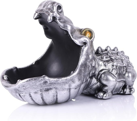 Alligator Statue Key Bowl, Fun Animal Statue Candy Dish for Entryway Decorative Bowl, Office Candy Dish, Big Mouth Sculpture Home Living Room Trinket Container Storage Box (Silver)