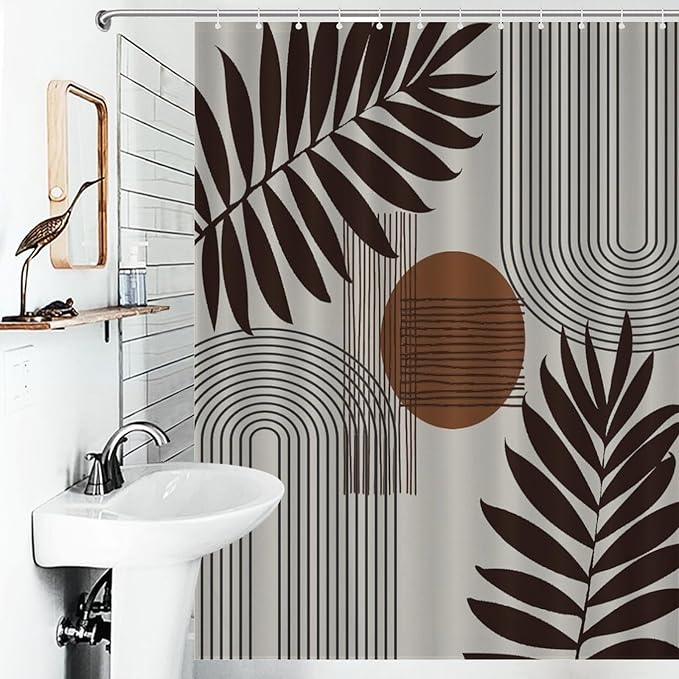 Mid Century Abstract Boho Shower Curtain Geometric Neutral Beige Modern Leaf Plant Semicircle Art Waterproof Shower Curtains for Bathroom Decor 12 Pack Hooks 55x72in（140x183cm）