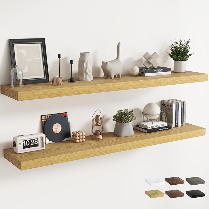 Floating Shelves for Wall with Invisible Brackets, Wall Mounted Engineered Wood Shelves with Wood Grain for Living Room, Bedroom, Bathroom, Kitchen Decor and Storage, Oak, 71"L Set of 2, Oak