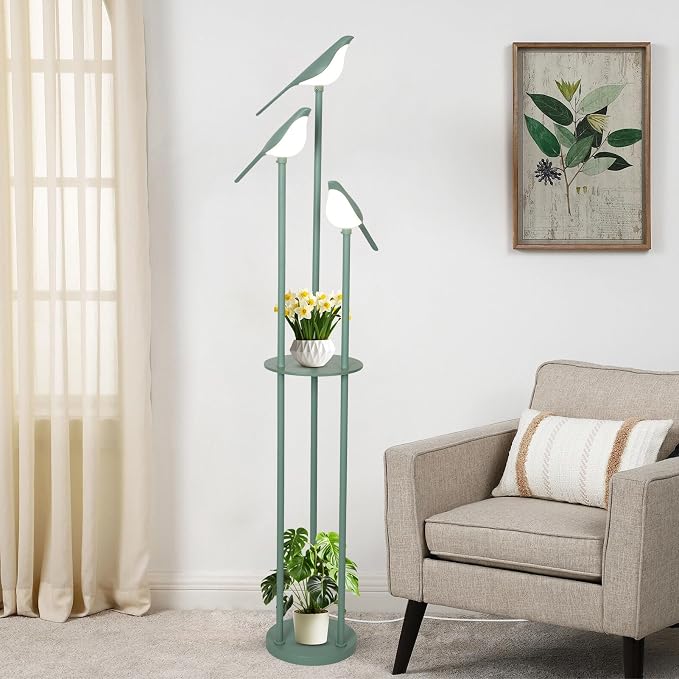 Bird Floor Lamp for Bedroom, Green Standing Lamps for Living Room, Corner Tall Lamp with Table, 3-Lights Vintage Floor Lamp, Modern Stand Up Lamp for Office, Girls Room, Unique Bird Lamps