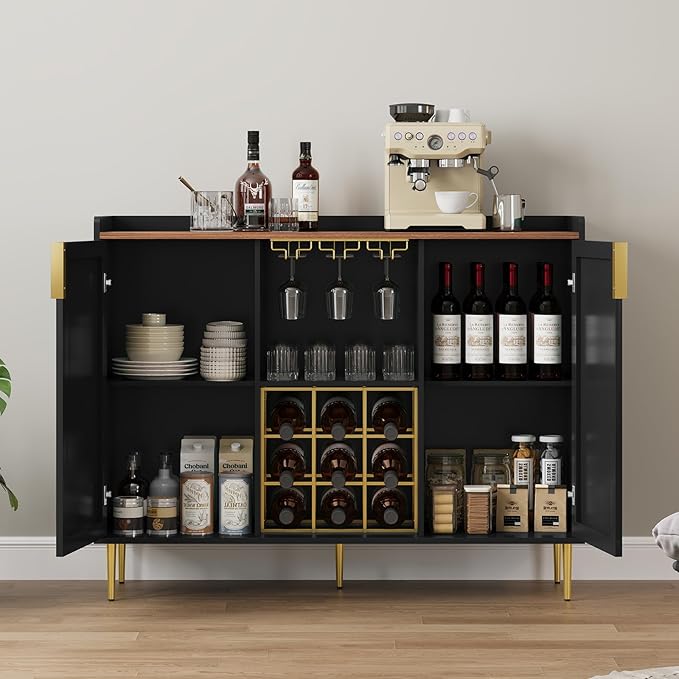 ARTPOWER 48" Wine Bar Cabinet with Fluted Texture, Modern Buffet Sideboard with Wine Rack and Glass Holder, Liquor Coffee Station with Storage for Kitchen, Living Room, Home Bar, Black