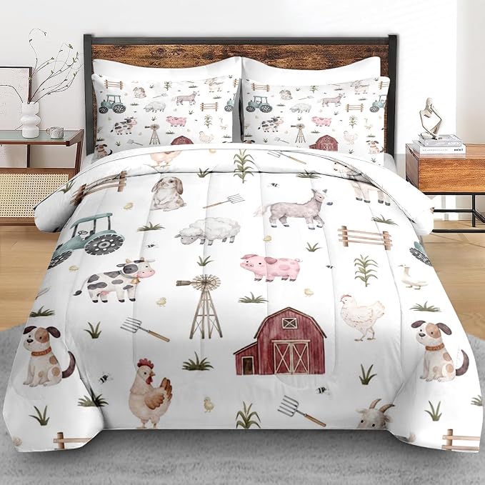 Pamnest Comforter Set Queen Size, Farm Animal 7 Pcs Bedding for Kids and Adults, Cute Tractor Bed Sheet Sets with Fitted Sheet 2 Pillowcases & 2 Shams for Bedroom Bed Decor