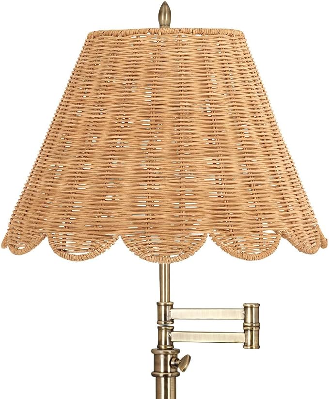 360 Lighting Westbury 35 1/2" Tall Large Traditional Natural Cottage Core End Table Lamp Adjustable Height Swing Arm Gold Brass Finish Single Rattan Beige Shade Living Room Bedroom Nightstand