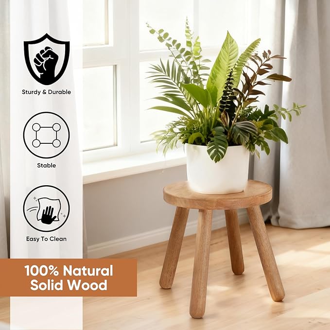 11.8" H Round Solid Wooden Stool Wood Plant Stand Woden Decorative Stool Garden Stool Portable Stand for Kitchen Bathroom Living Room Bedroom