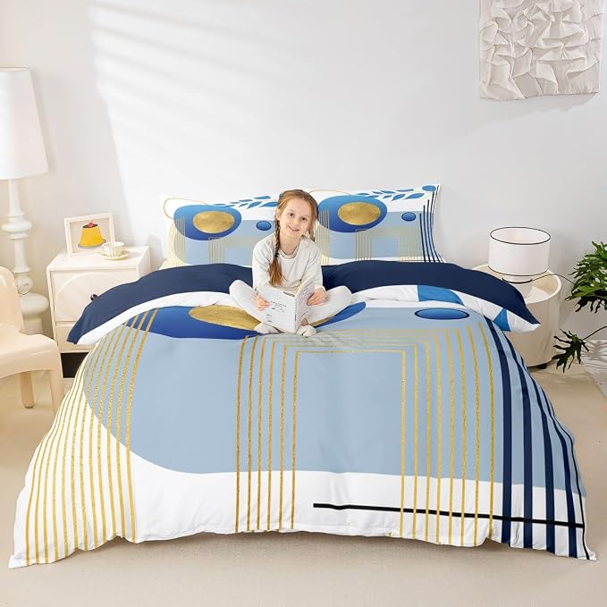 Erosebridal Blue Neutral Modern Duvet Cover Toddler Size Boho Mid Century Comforter Cover Minimalist Aesthetic Bedding Set Geometric Abstract Bed Set