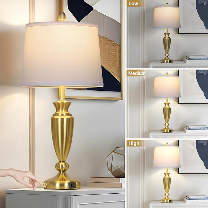 27'' Gold Table Lamps for Living Room with White Lampshade, 3 Way Touch Control Bedside Lamps Set of 2 with USB A+C Ports, Modern Metal Nightstand Lamp for Bedroom Office End Table