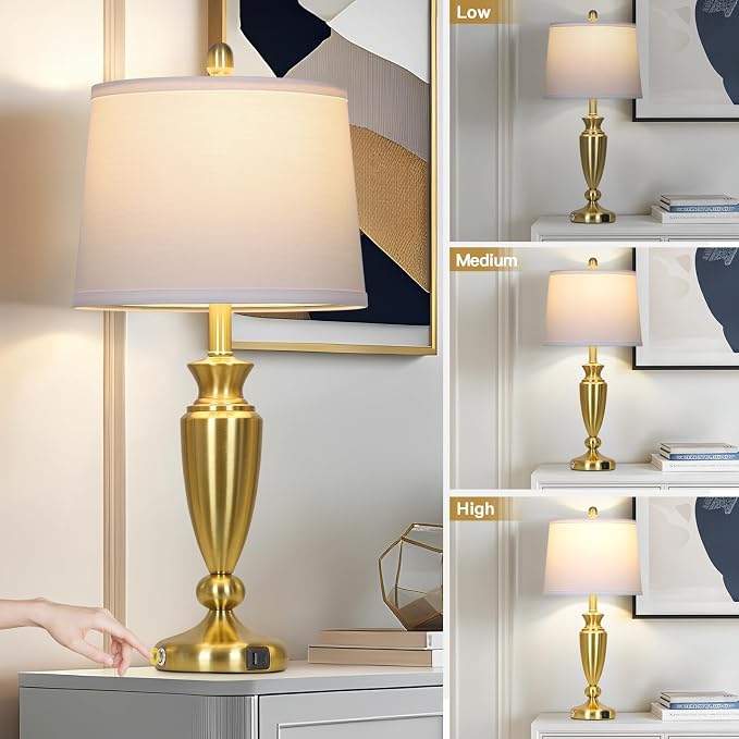Rinweey 27'' Gold Table Lamps for Living Room with White Lampshade, 3 Way Touch Control Bedside Lamps Set of 2 with USB A+C Ports, Modern Metal Nightstand Lamp for Bedroom Office End Table