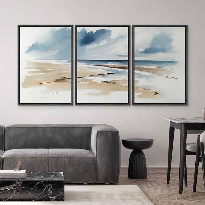SIGNWIN Framed Canvas Print Wall Art Set Coastal Beach Horizon Blue and Tan Seascape Illustrations Modern Art Decorative Boho Relax/Zen Nordic for Living Room, Bedroom, Office - 24"x36"x3 Black