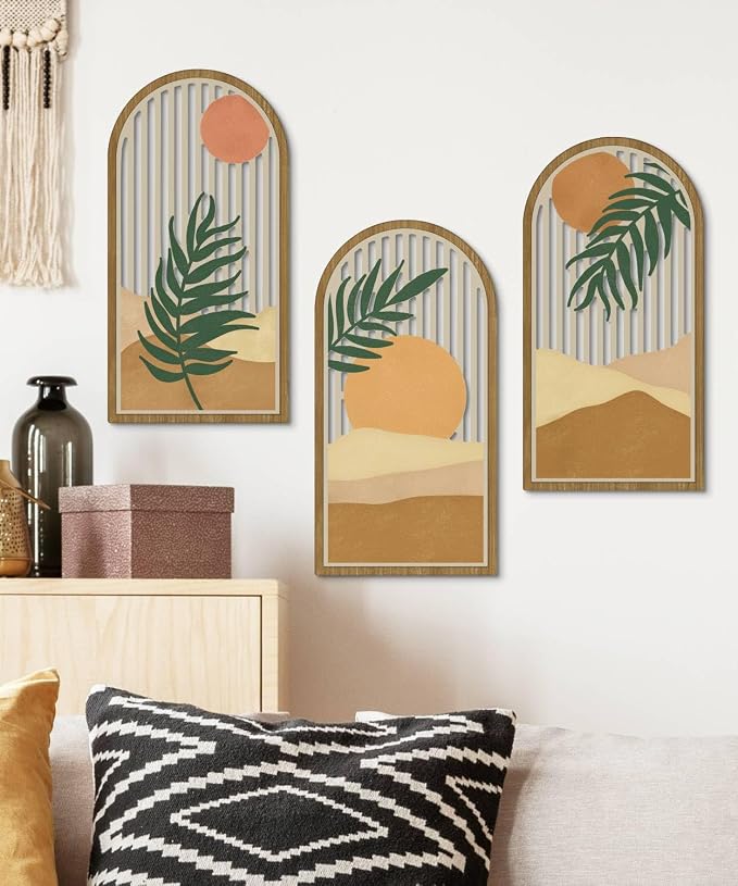 Putuo Decor Boho Wall Art Set of 3, Modern Minimalist Wooden Wall Decor, Nature-Inspired Abstract Aesthetic Room Decorations, Mid-Century Artwork for Living Room, Bedroom, Office (Brown, 16×8 in