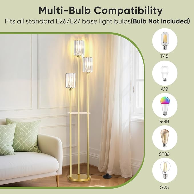 Crystal Floor Lamps for Living Room, Glass Modern Floor Lamp with Shelves, Mid Century Standing Lamps with Table, Brass Tall Lamp with Crystal Shade Vintage Retro Corner Floor Lamp (K9 Crystal Gold)