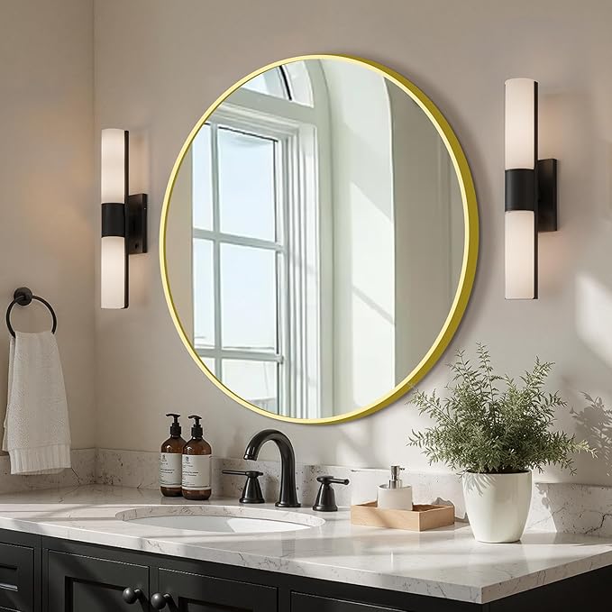 Round Bathroom Mirror for Wall, 22 inch Circle Bathroom Mirrors for Over Sink, Modern Circular Metal Frame for Vanity, Entryway, Bedroom, Living Room(Gold)