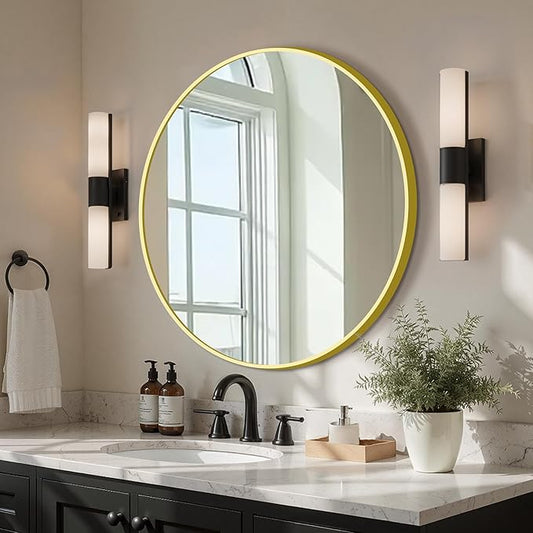 Round Bathroom Mirror for Wall, 22 inch Circle Bathroom Mirrors for Over Sink, Modern Circular Metal Frame for Vanity, Entryway, Bedroom, Living Room(Gold)