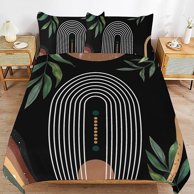Mid Century Moon Phase Duvet Cover Sets Boho Modern Palm Leaves Arch Minimalist Printed Lightweight Soft Quilt Cover Soft Microfiber 3 Piece (1 Duvet Cover 79x90in + 2 Pillow Sham 20x30in)