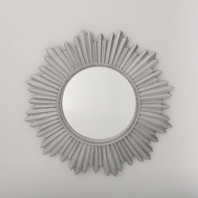 Armanda Collection Sunburst Round Wall Mirror Handmade Resin Frame Decorative Home Accent (Silver)