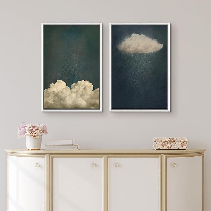 IDEA4WALL Framed Canvas Print Wall Art Set Dreamy Cloud Abstract Cloudscape Illustrations Modern Art Decorative Coastal Cottage Seascape for Bedroom - 16"x24"x2 WHITE