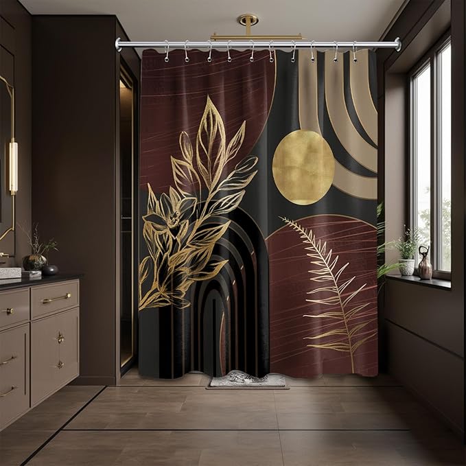 Dark Brown and Black Shower Curtain Boho Mid Century Gold and Brown Shower Curtains for Bathroom Decor, Waterproof Cloth Fabric with Hooks, 60" W x 72" L