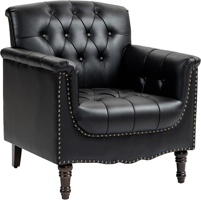 Faux Leather Accent Chair for Living Room, Upholstered Retro Armchair Tufted Club Arm Chair Single Sofa Lounge Bedroom Side Reading Seating with Solid Wood Legs, Black