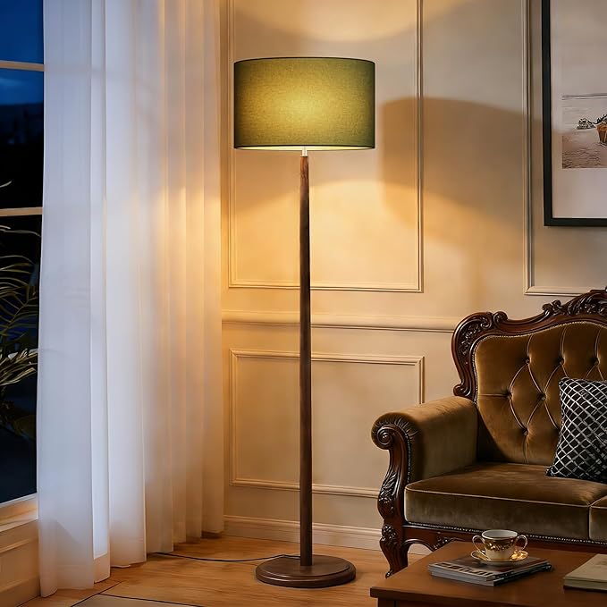 61" Rustic Walnut Wood Floor Lamp, Mid Century Standing Tall Lamp with Linen Shade, Retro Farmhouse Lighting for Home Living Room, Bedroom, Dining Room, UL listed, E26 Base (Bulb Not Included), Green