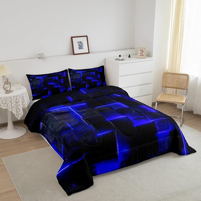 Black Navy Blue Abstract Comforter King Gradient Square King Bedding Set Grid Down Comforter Neon Checkered Bed Set Glowing Plaid Quilted Duvet 3D Modern Bedroom Decor 3pcs (Black Reversible)