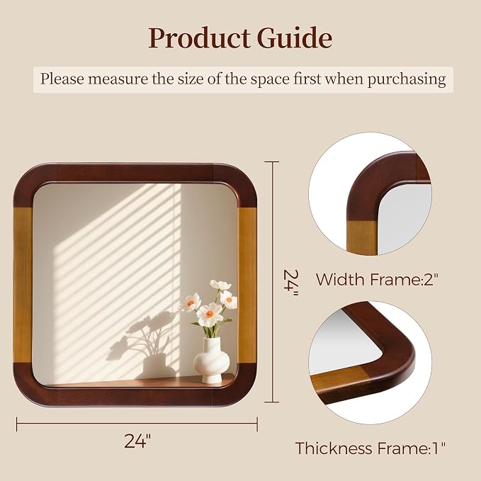 Bathroom Mirror 24 x 24 Inch,Brown Wood Rustic Rectangle Tempered Wall Mirror with Wood Frame,Round Corner Farmhouse Wooden Vanity Mirror for Living Room,Entryway or Bedroom（Walnut Brown）