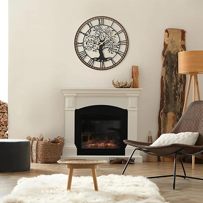 Micasso Farmhouse Oversize Wall Clock: 32Inch Rustic Tree of Life Metal with Wood Frame - Vintage Battery Operated Wall Clocks for Living Room/Fireplace/High-Ceiling - Home Decor for Housewife