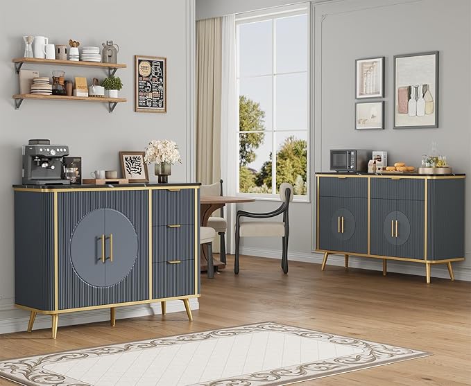 47.2" Buffet Storage Cabinet, Modern Fluted Coffee Bar Station with 2 Drawers & Adjustable Shelves, Kitchen Sideboard Buffet for Dining Room, Living Room, Hallway, Navy Blue