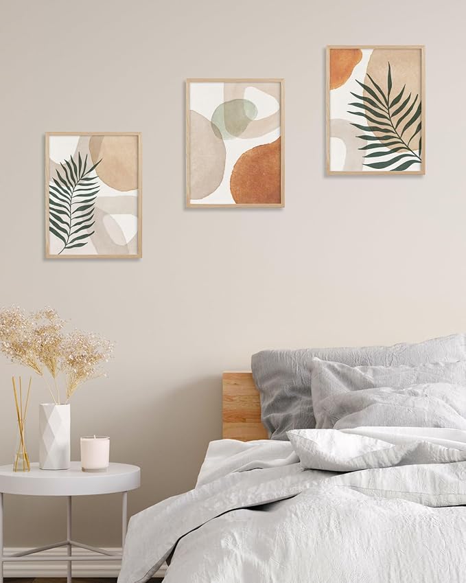 HesenDot Unframed Neutral Boho Wall Art Set of 3, 12x16in Botanical Leaves Abstract Geometric Canvas Posters, Minimalist Modern Aesthetic Wall Decor for Bedroom Living Room Home, Unframed