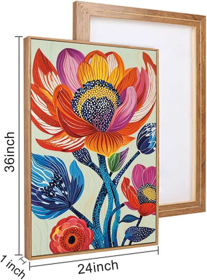 HPINUB Abstract Botanical Floral Framed Canvas Wall Art Set,Colorful Dot Art Modern Flower Wall Decor,Vibrant Blooming Flowers Artwork Eye-Catching Boho Art Print for Living Room,Bedroom-24"x36"x3