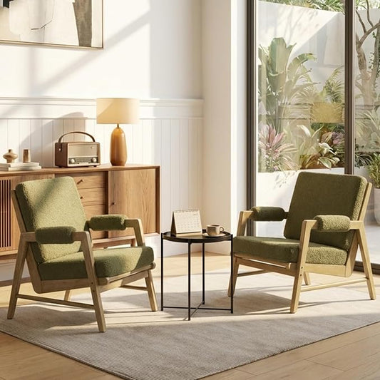 CIMOTA Mid Century Modern Accent Chair Set of 2, Boucle Upholstered Living Room Chairs with Arms, Comfy Reading Chair with Solid Wood Frame, High Back for Bedroom, Waiting Room, Office, Green